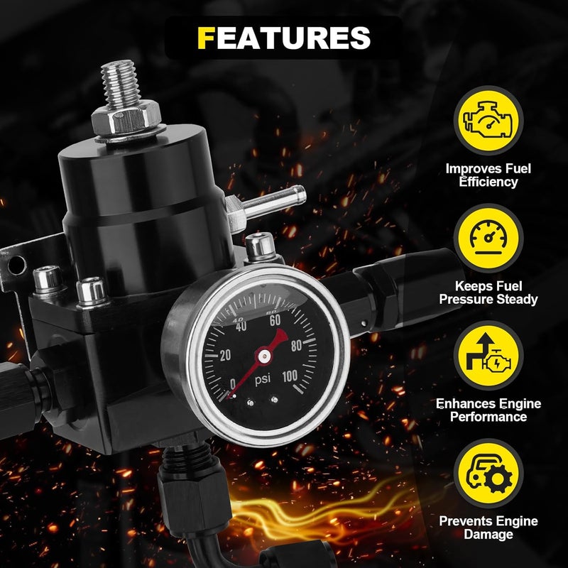 YEHERIT Store Adjustable EFI Fuel Pressure Regulator Kit with Bypass Return, 0-100 PSI Gauge, 6AN Fittings and PTFE Braided Hose – Compatible with Gasoline, E85, Ethanol & Methanol Fuels - Image 5